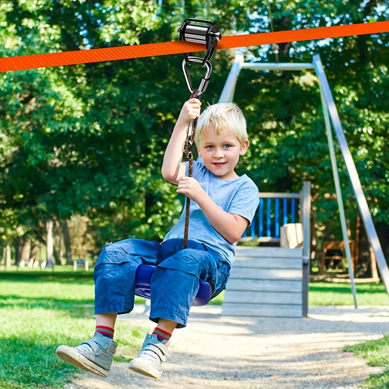 Backyard Zipline Kit 9-Piece Set for Kids & Adults, Outdoor Zip Line with Slim Pulley, Triangular Hook, Flat Strap, ABS Swing Seat & Carry Bag - Backyard Zip Line Accessories for Trees, Outdoor Play Set