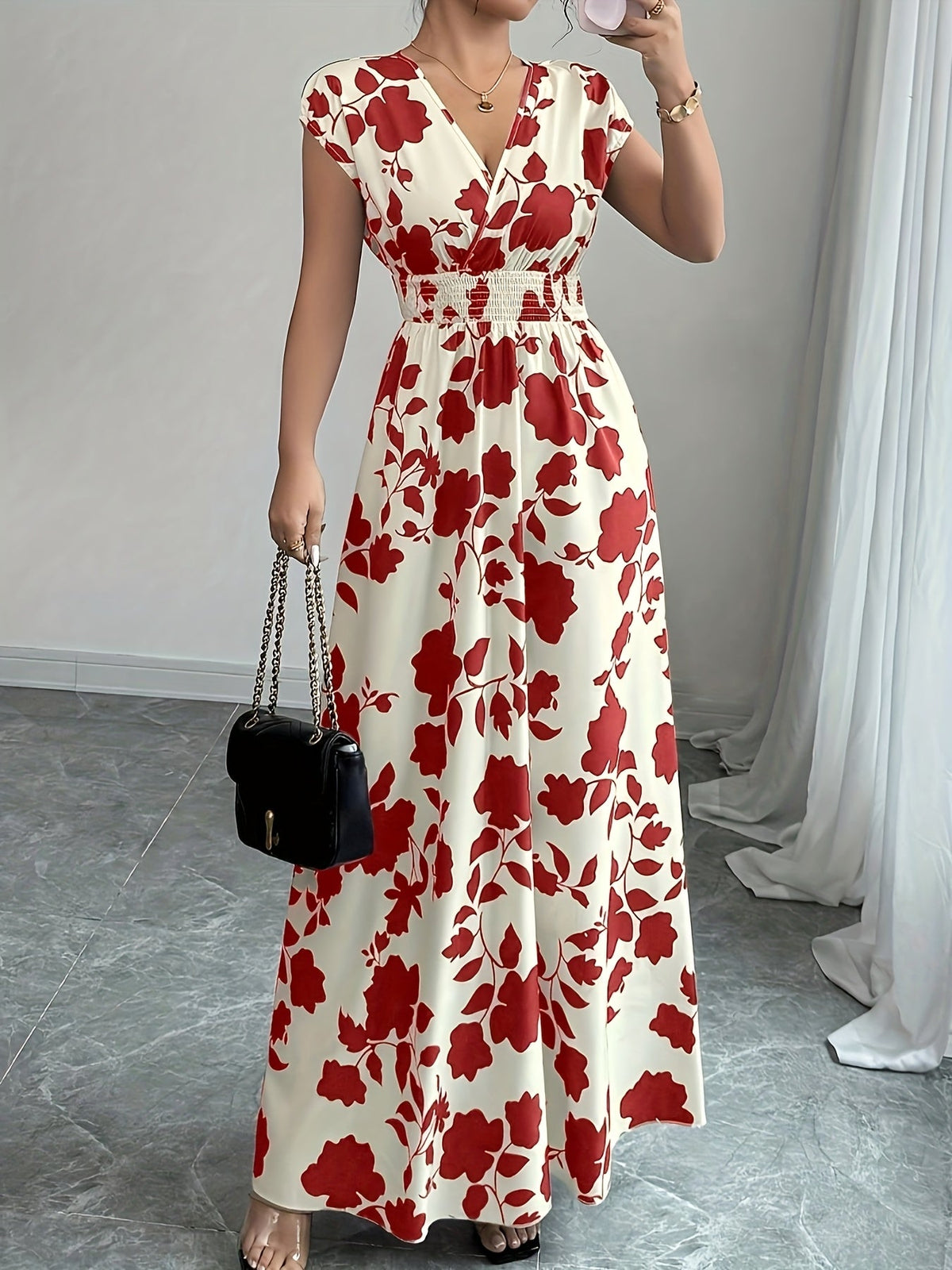 Women's Pink Floral Maxi Dress - V-Neck Short Sleeve Cinched Waist A-Line | Elegant Casual Formal Spring Fall Flowing Dress New Arrival