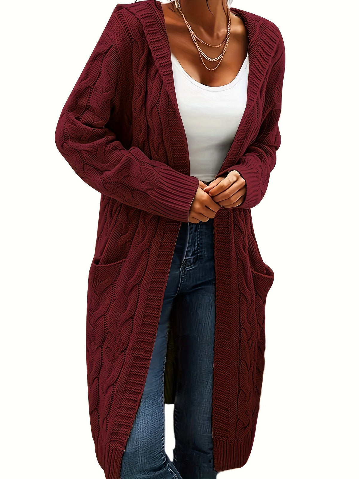 Women's Solid Color Knit Cardigan Sweater – Soft Stretch Polyester Open Front Layering Jacket for Fall Winter