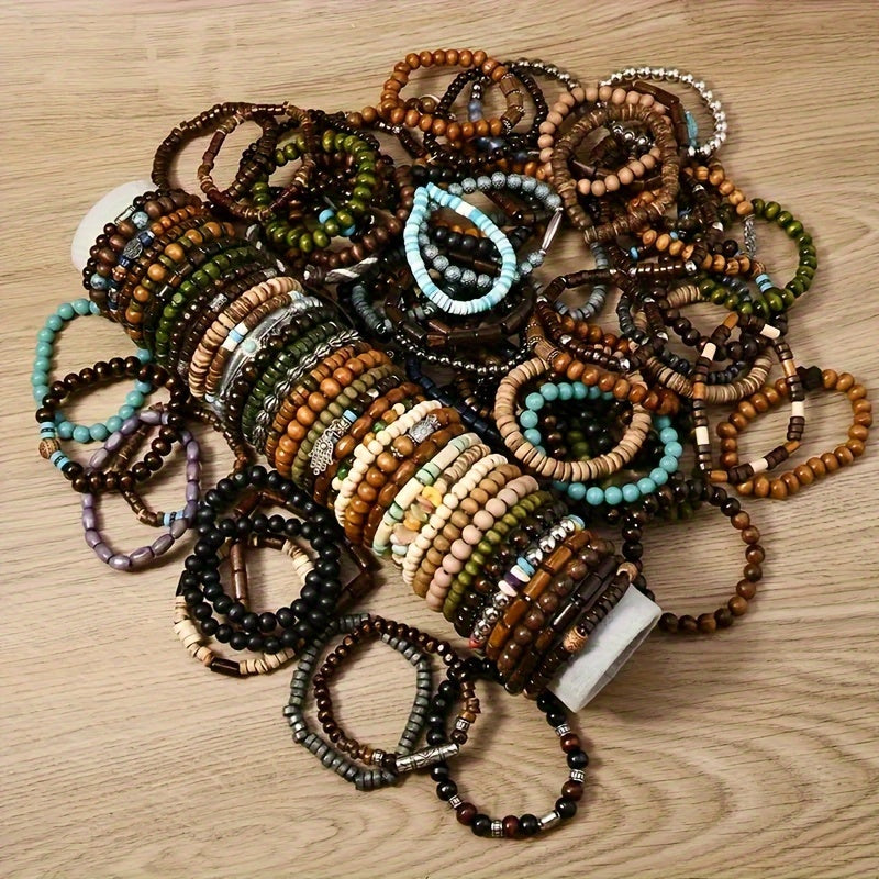 72pcs Boho Wooden Bead Bracelet Set for Women Men – Stackable Stretch Handcrafted Couples Bracelets Assortment Vintage Style Boho Jewelry Gift for Him and Her