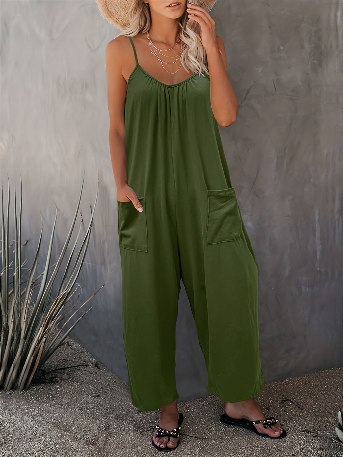 Women's Western Strappy Jumpsuit with Chest Pleats & Patch Pockets - Casual Long Pants Romper All Season Summer Vacation Fashion