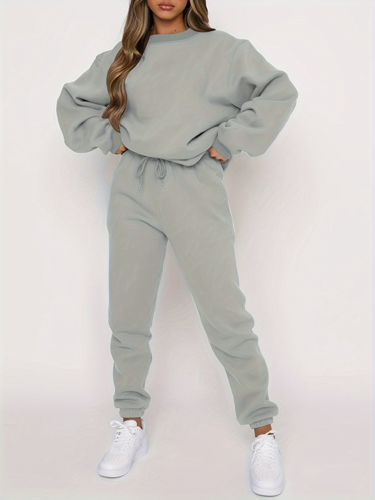 Women's 2 Piece Sweatshirt Pants Set Crew Neck Pullover Elastic Waist Drawstring Jogger Casual Lounge Suit Beige Grey Black Navy Coffee S-XXL