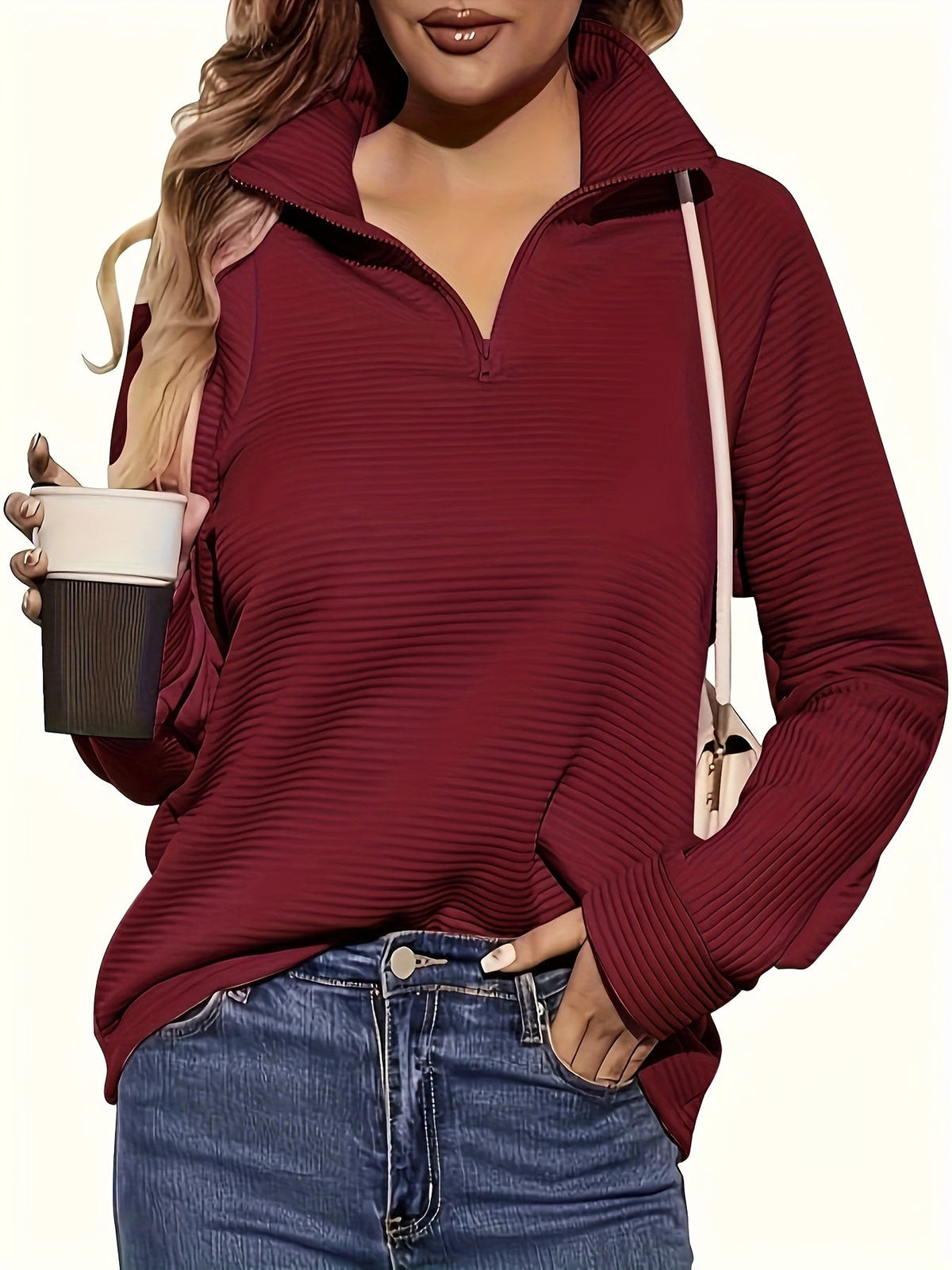 Women's V-Neck Zipper Pullover Sweater Long Sleeve Loose Casual Top Solid Color Pink Black Deep Red Ivory White S M L XL XXL