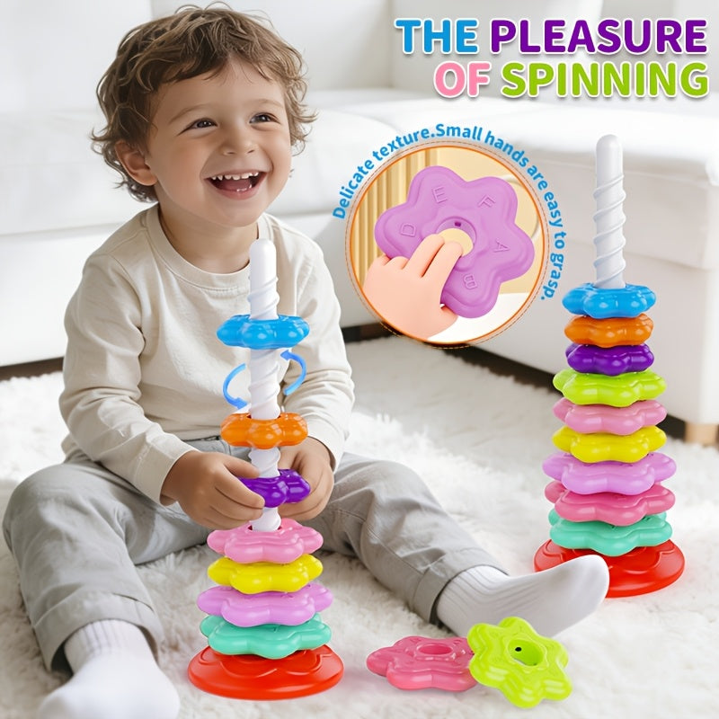 Rainbow Spinning Stacking Tower Toy for Toddlers – 10-Piece Rotating Ring Toss Matching Game for Color Recognition & Cognitive Development | Multicolor Educational STEM Gift for Kids Ages 1-3