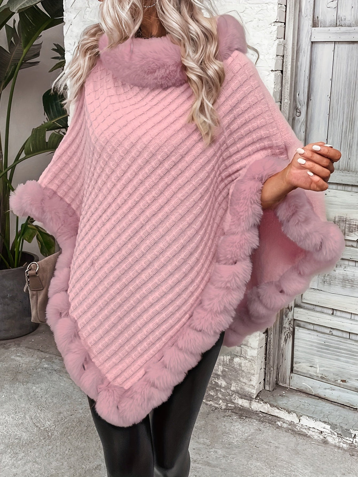 Women's Elegant Faux Fur Collar Cape Coat – Suede PU Plush Fur Trim Solid Color Winter Outerwear for Everyday & Formal Events