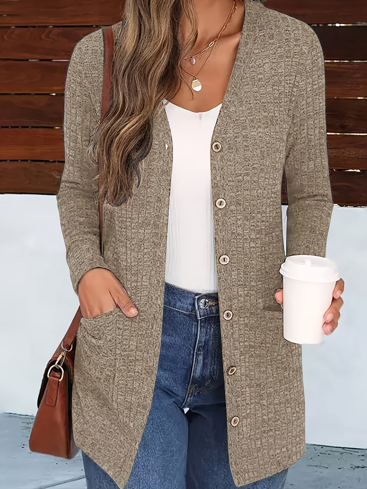 Women's V-Neck Cardigan Coat Buttoned Knit Cardigan with Pockets Solid Color Fall Winter Sweater Coat S-XXL