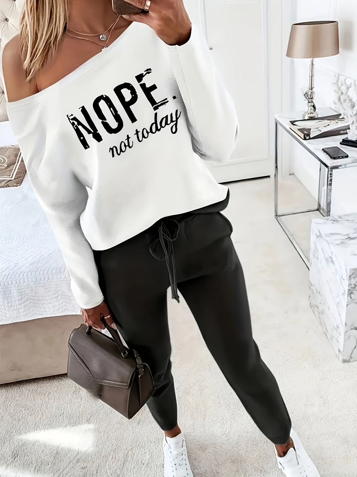 Women's Casual Letter Print Long Sleeve T-Shirt Wide Leg Pants 2 Piece Set Matching Lounge Outfit White Pink Black S-XXL
