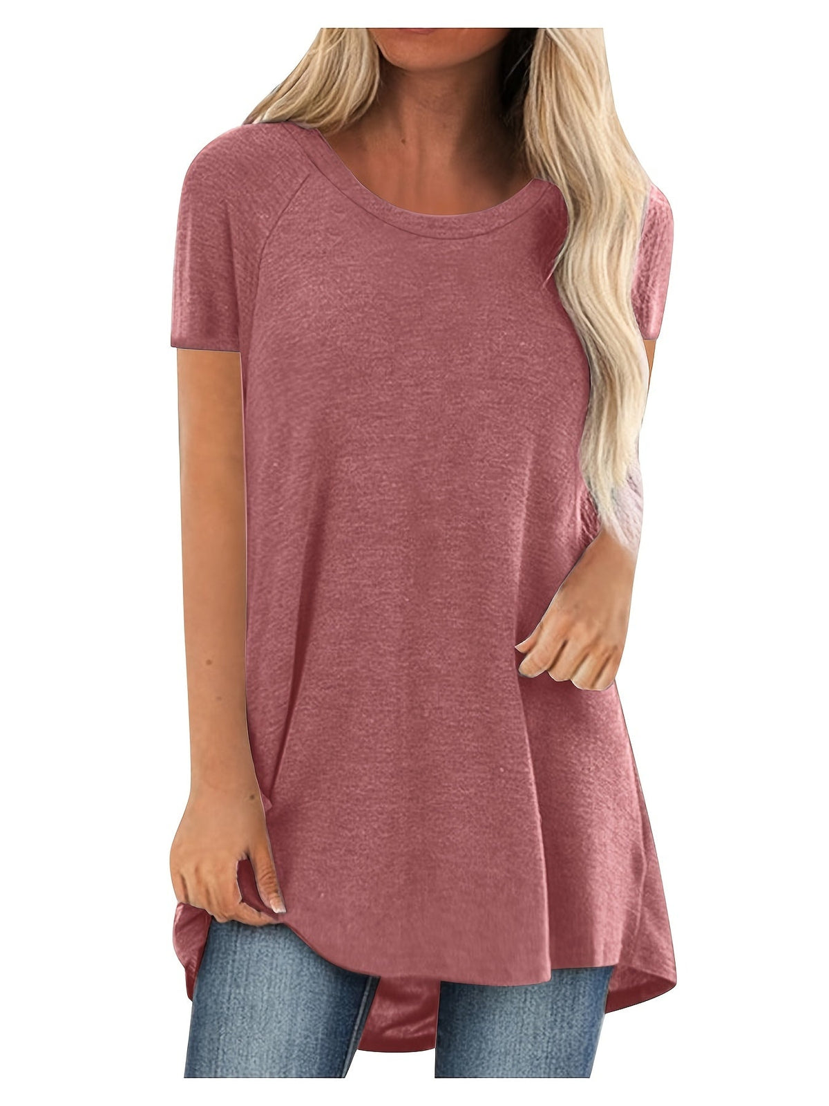 Women's Longline Raglan Short Sleeve T-Shirt – Solid Color Loose Fit Dipped Hem Knit Top in 15 Colors, 35% Viscose 60% Polyester 5% Elastane