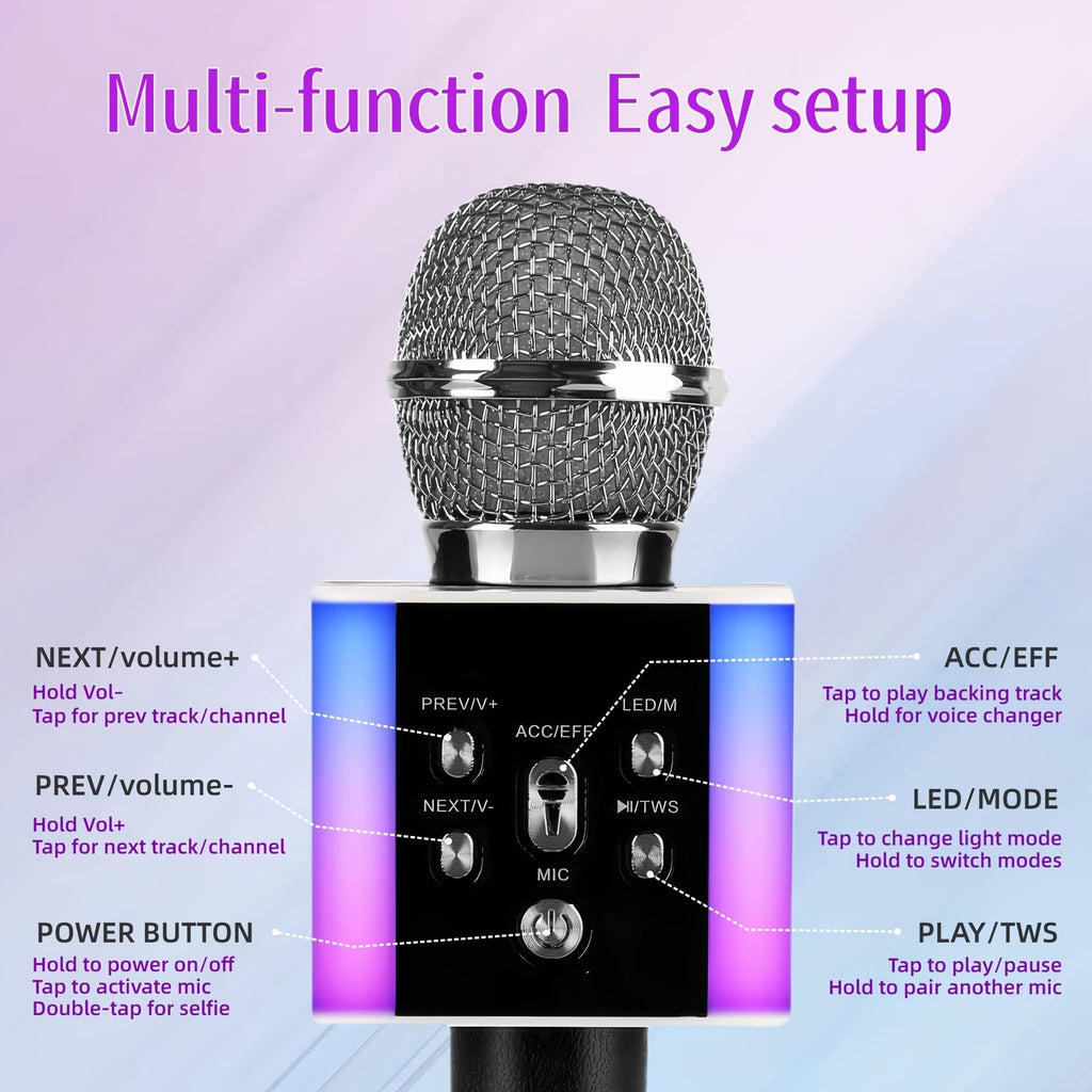 5-in-1 Wireless Karaoke Microphone with Built-In Speaker, LED Lights & Voice Changer – Portable Bluetooth Singing Mic for Parties, Family Gatherings, Travel & Outdoor Fun, 10 Colors