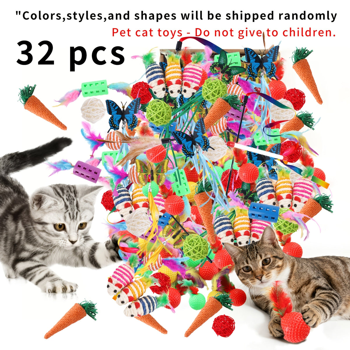 Mixed Cat Toy Set 16/32/64/200pcs - Assorted Interactive Plastic Feather & Polyester Toys for Cats, Random Colors & Styles, Bulk Cat Toys for Multiple Cats & Kittens, Daily Playtime Variety Pack