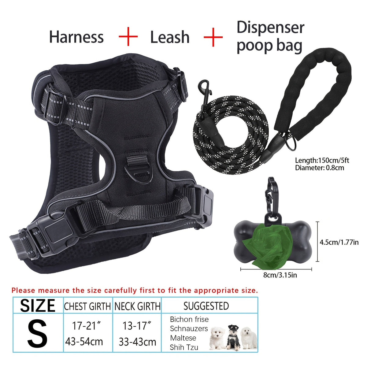 4-Piece Dog Harness and Leash Set No-Pull No-Choke Reflective Oxford Vest Harness with Leash Poop Bag Dispenser Easy Control Handle for Medium Large Dogs Outdoor Training Walking