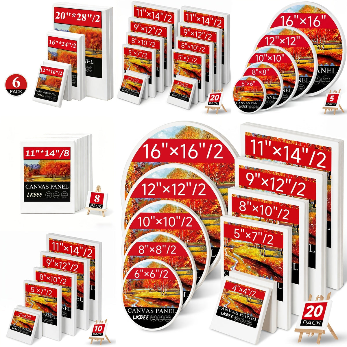 Stretched Canvas Board Set Round & Square Multi-Size Combo – 5 to 20 Piece Packs in 10x10, 11x14, 12x12, 16x16 & More – Ideal for Acrylic Pouring, Wet-on-Wet, Oil Painting & Classroom Teaching