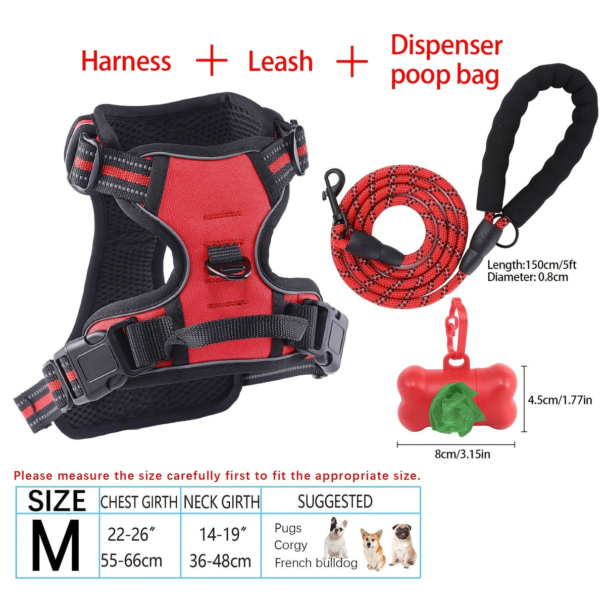 4-Piece Dog Harness and Leash Set No-Pull No-Choke Reflective Oxford Vest Harness with Leash Poop Bag Dispenser Easy Control Handle for Medium Large Dogs Outdoor Training Walking