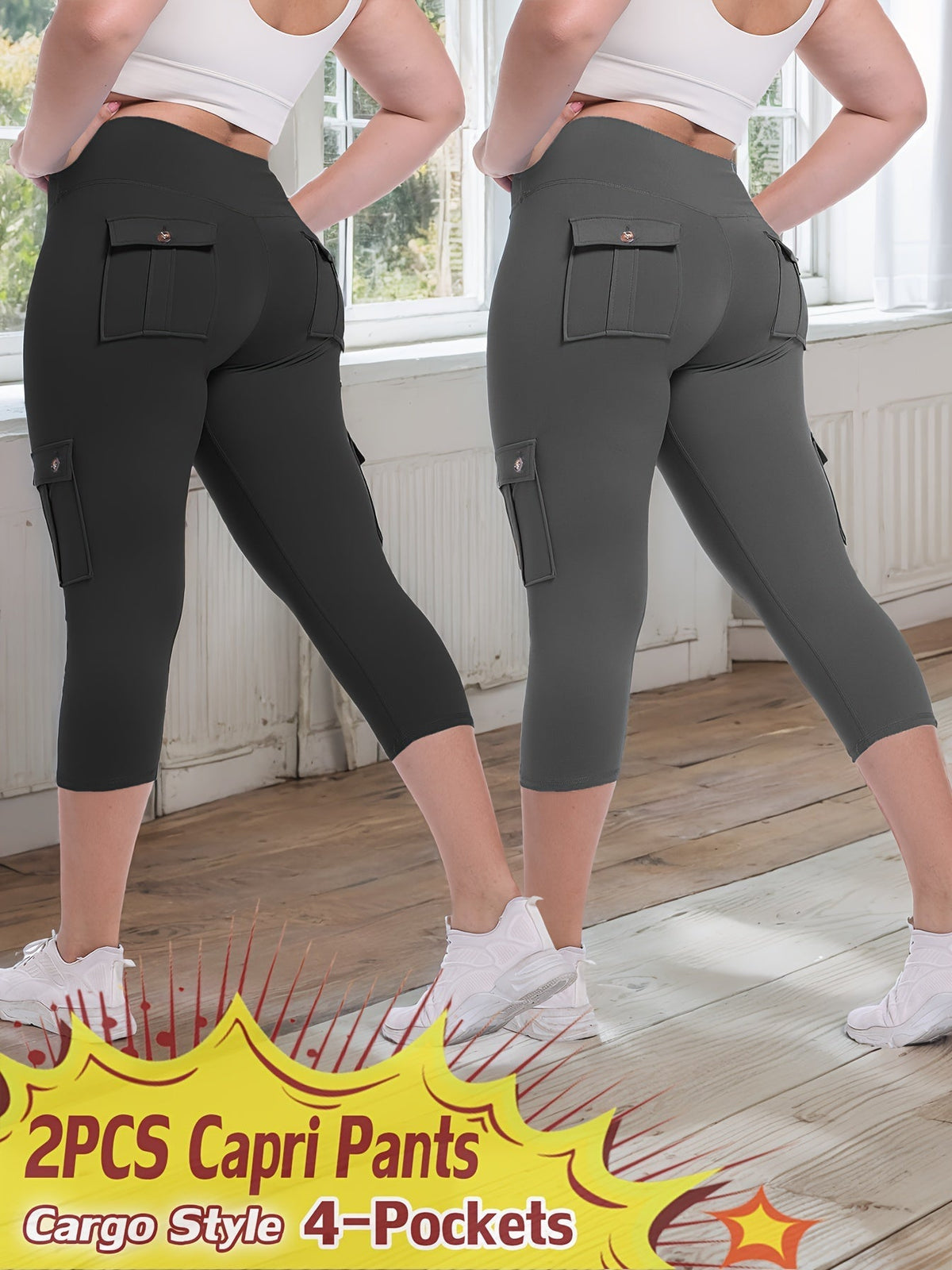 High Waist Yoga Capri Pants 2-Pack – Butt Lifting Tummy Control 4-Way Stretch Spandex Leggings with 4 Pockets, Three-Quarter Athletic Activewear for Women, 9 Color Sets, Sizes S-XXL