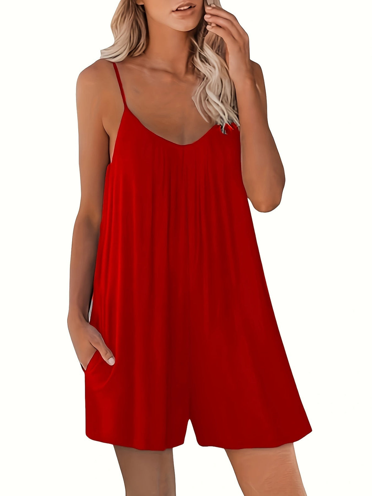 Women's Solid Color Strappy Jumpsuit Sleeveless Cami One-Piece Wide Leg Pants with Pockets Summer Casual Beach Romper