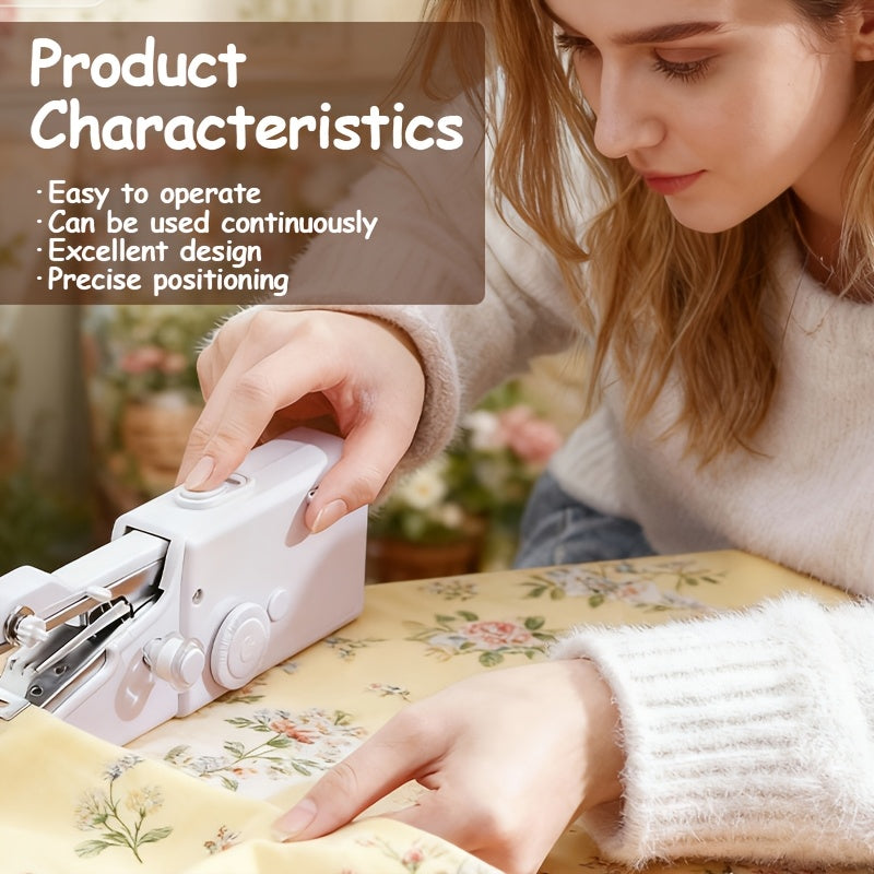 Compact Handheld Sewing Machine Kit Portable Battery Powered with Needles Bobbins Thread Spool Needle Threader and Fabric Sample – Quick Repair Tool for Clothes Garments Curtains and DIY Sewing Projects