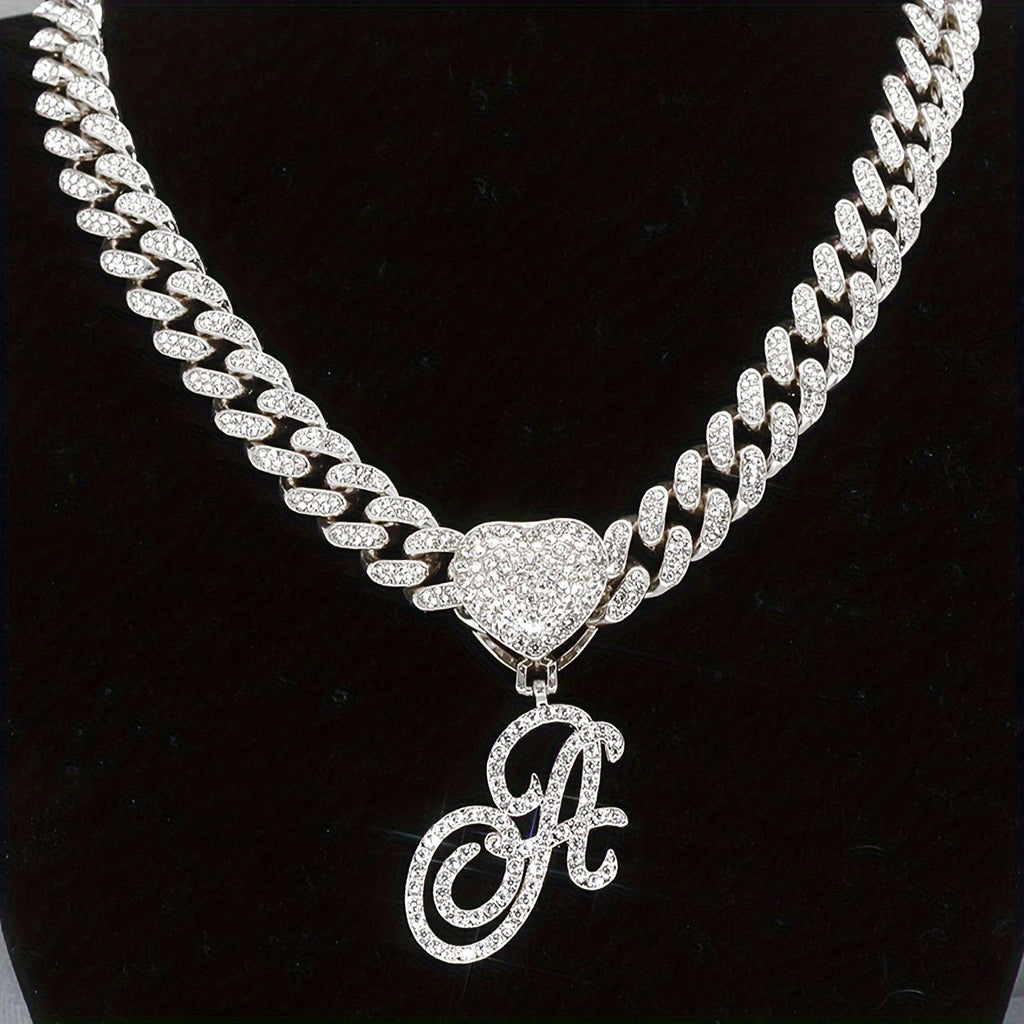 Initial Letter Necklace for Men & Women – Personalized A-Z Silver Cuban Chain with Heart Pendant, Hip Hop Style, 45cm / 17.71in, Perfect Gift for Sports Fans, Birthdays & Everyday Wear