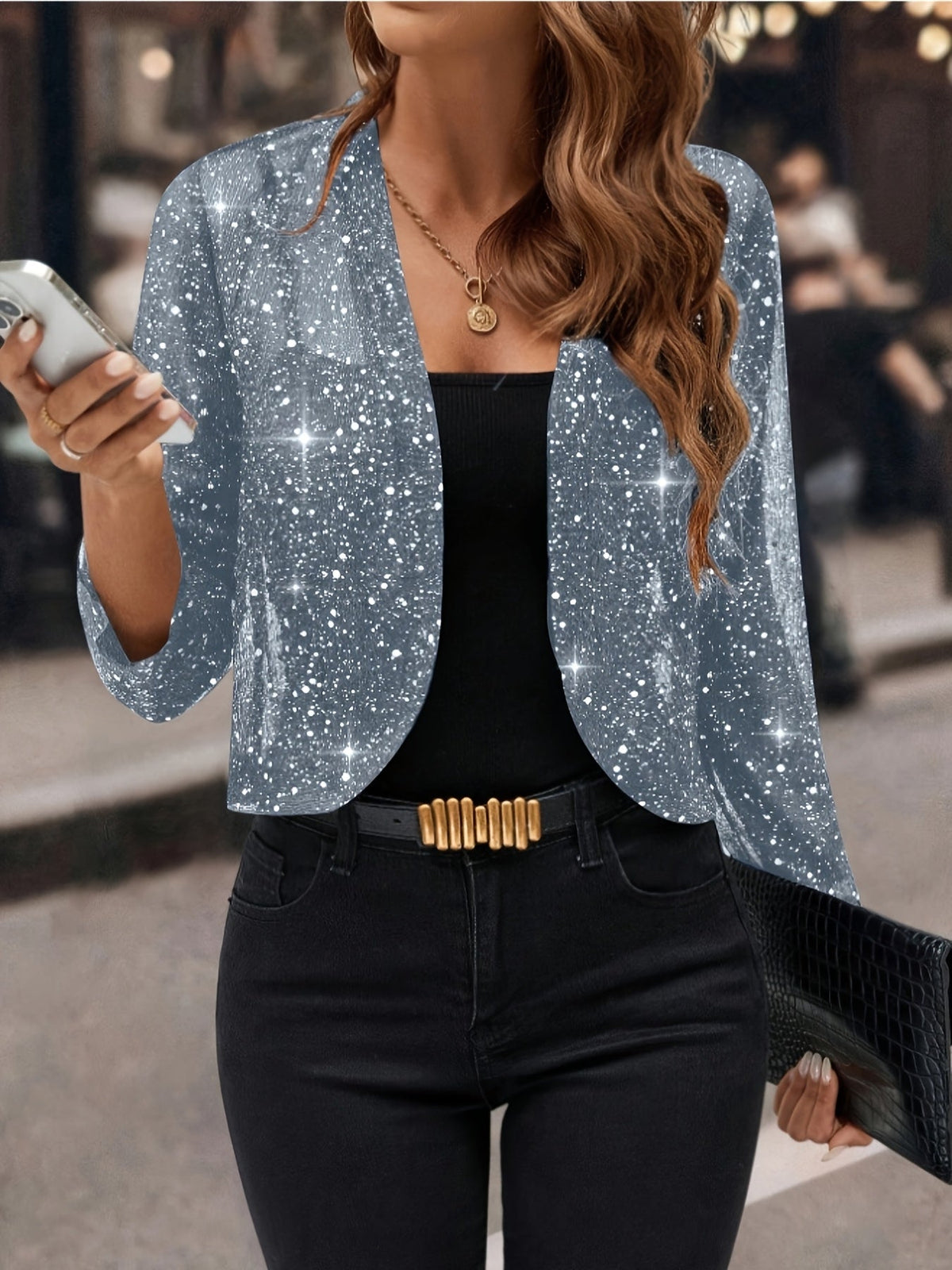 Women's Glitter Sequin Cropped Cardigan Jacket – Golden Foil Pleated 3/4 Sleeve Business Casual Blazer for Work Party
