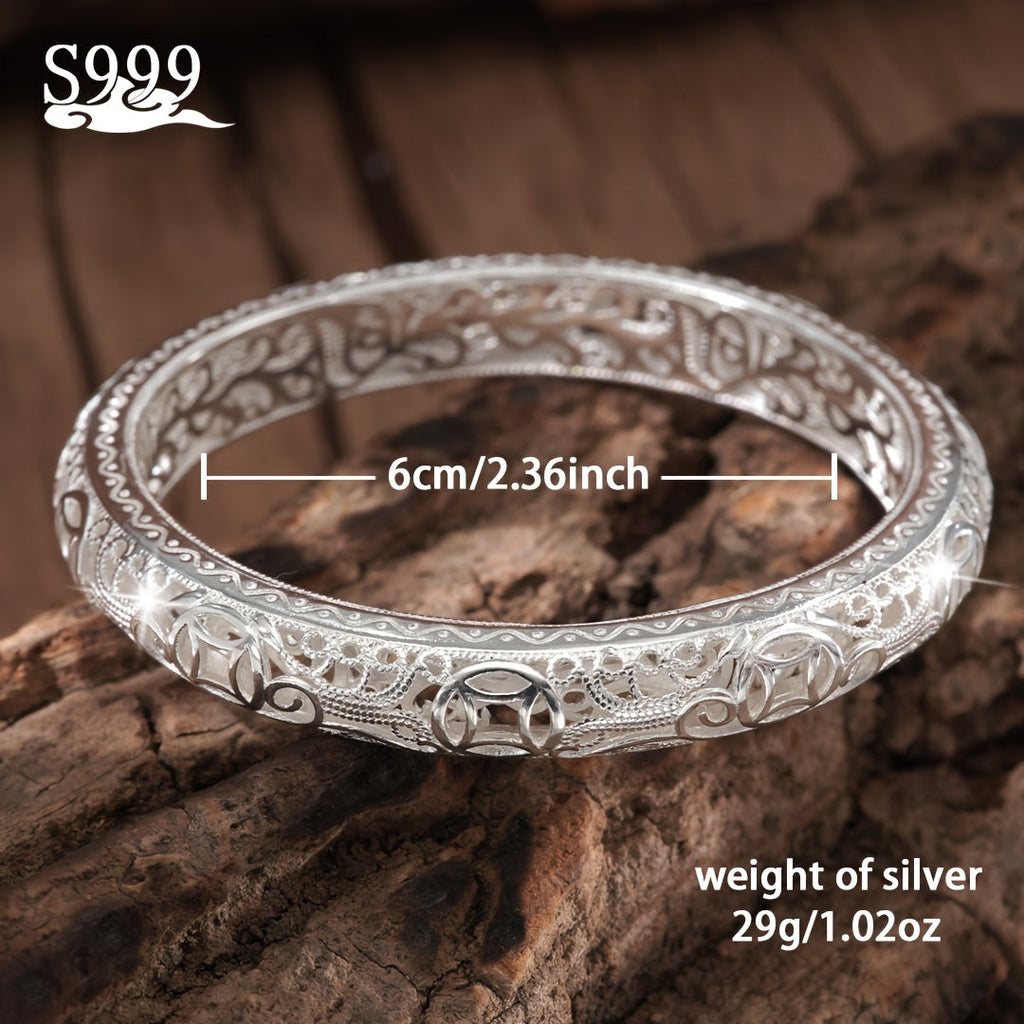 S999 Pure Silver Bangle Bracelet for Women – Solid Closed-End Cuff, High-Purity Fine Silver Jewelry, Elegant Shining Fashion Accessory, Perfect Birthday & Anniversary Gift for Her