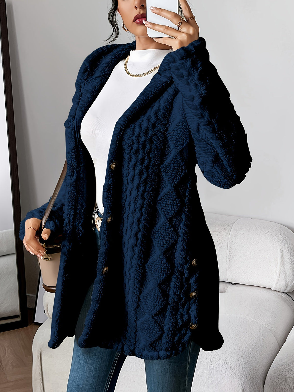 Women's Jacquard Plush Hooded Cardigan Coat – Warm Fuzzy Open Front Sweater Jacket for Autumn Winter