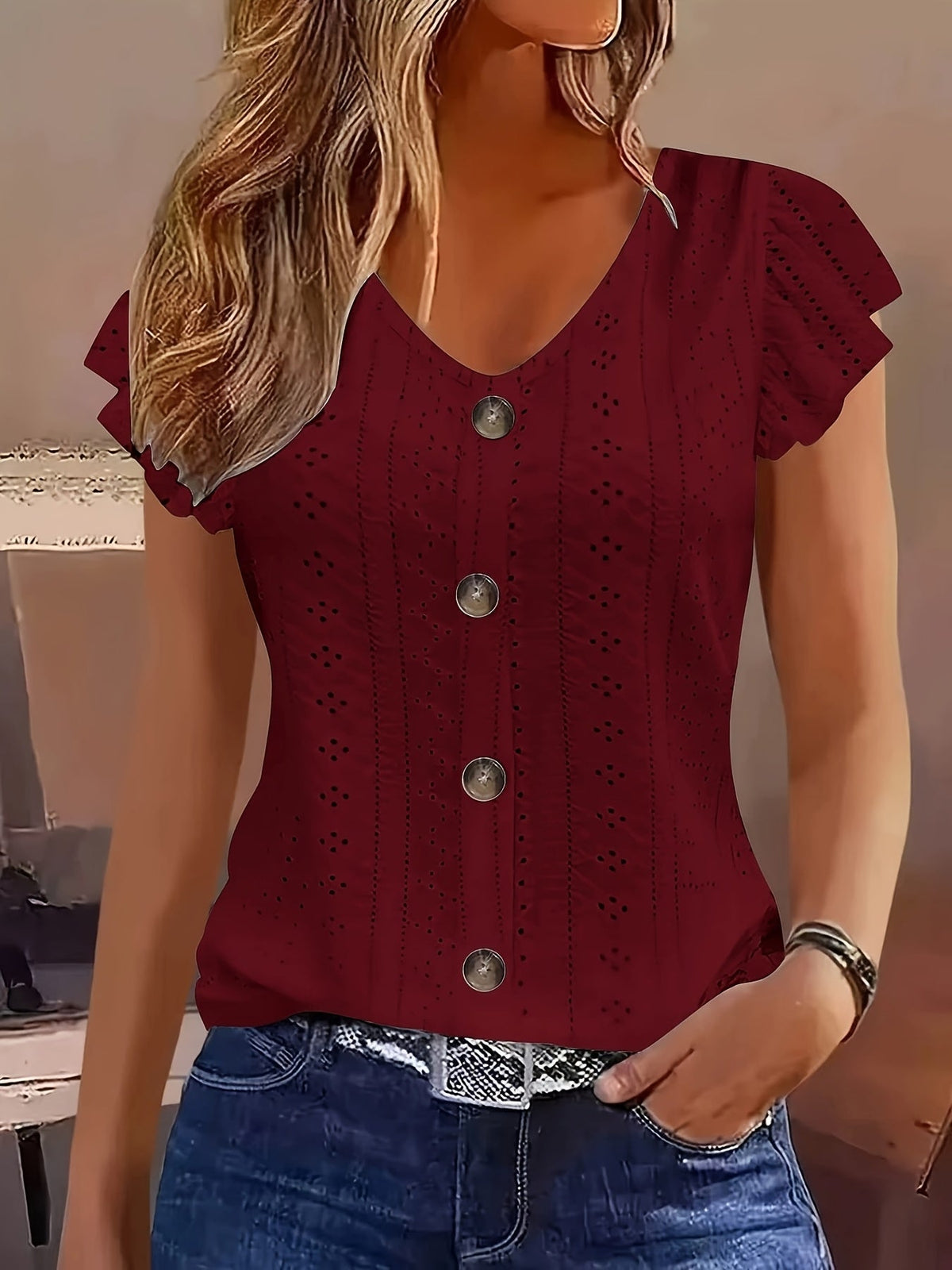 Eyelet Embroidery Button Front V-Neck Cap Sleeve Top Women Solid Color Casual Summer Shirt Breathable Lightweight Blouse S-XXL Multiple Colors