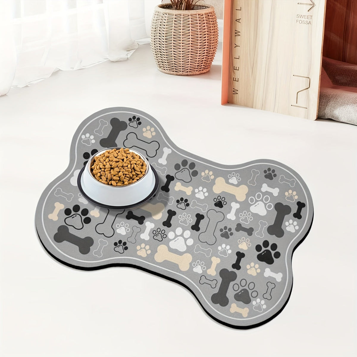 Dog Feeding Mat Non-Slip Quick-Dry Paw Print & Fishbone Design - Durable Polyester Pet Food & Water Bowl Pad for Small to Medium Dogs, Waterproof Easy-Clean Dog Placemat for Kitchen & Floor