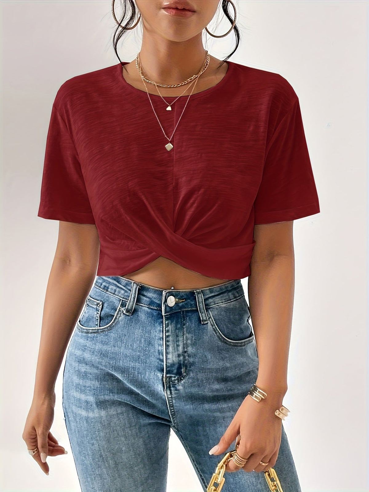 Women's Twist Front Crop Top Short Sleeve T-Shirt Solid Color Casual Summer Tops Cute Streetwear XS-XXL 8 Colors