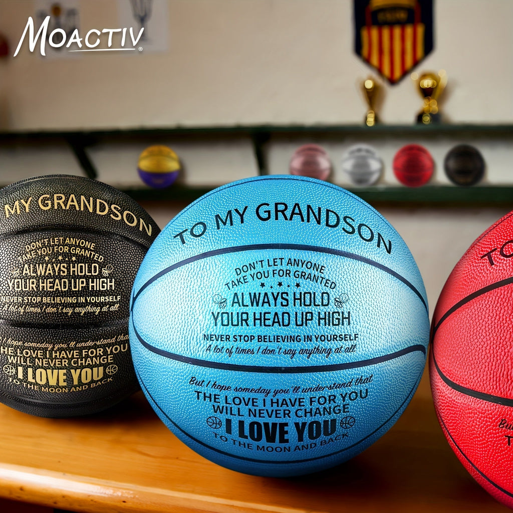 Engraved Basketball for Grandson & Son – Personalized Inspirational Size 7 Basketball with Pump, Motivational Gift for Birthday Christmas Anniversary, Blue Red Gold Black