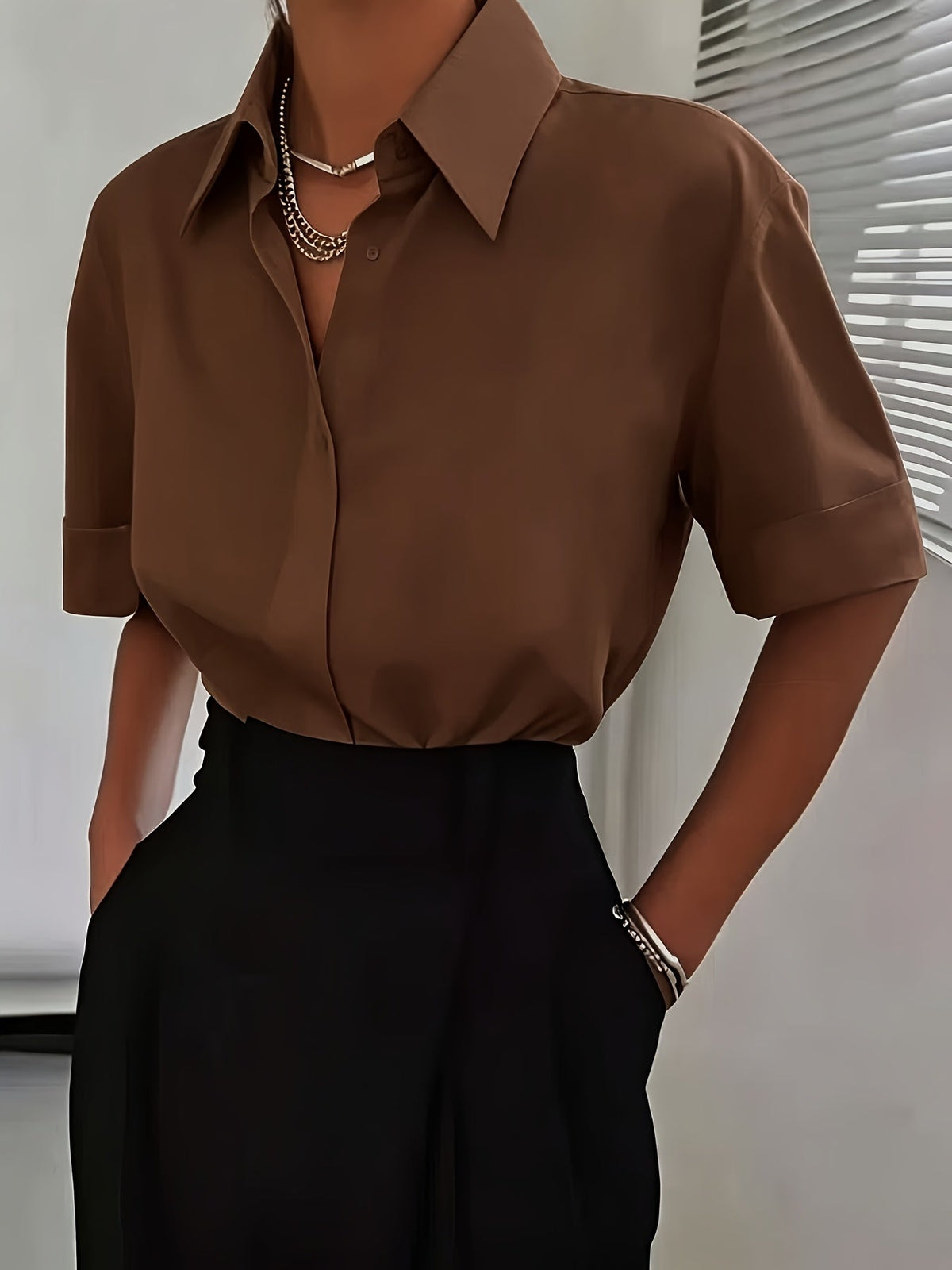 Women's Elegant Neckline Short Sleeve Solid Color Blouse 100% Polyester Casual Chic Top White Black Light Blue Coffee S M L XL All Season Woven Shirt