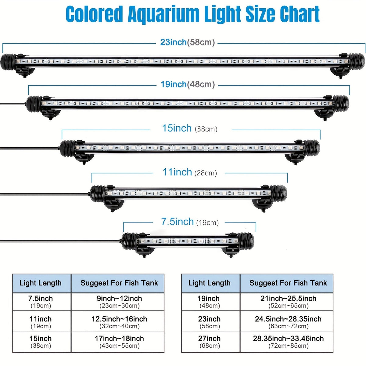 Submersible LED Aquarium Light Multicolor Underwater Fish Tank Light 7.5" to 35" - Multiple Sizes 9 to 66 LEDs for Freshwater Saltwater Aquarium Decoration