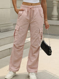 Women's Cargo Pants with Multiple Pockets - Casual Drawstring Waist Loose Fit Trousers, Solid Color All-Season Comfort Outdoor Leisure Pants, Nontransparent Woven Fabric