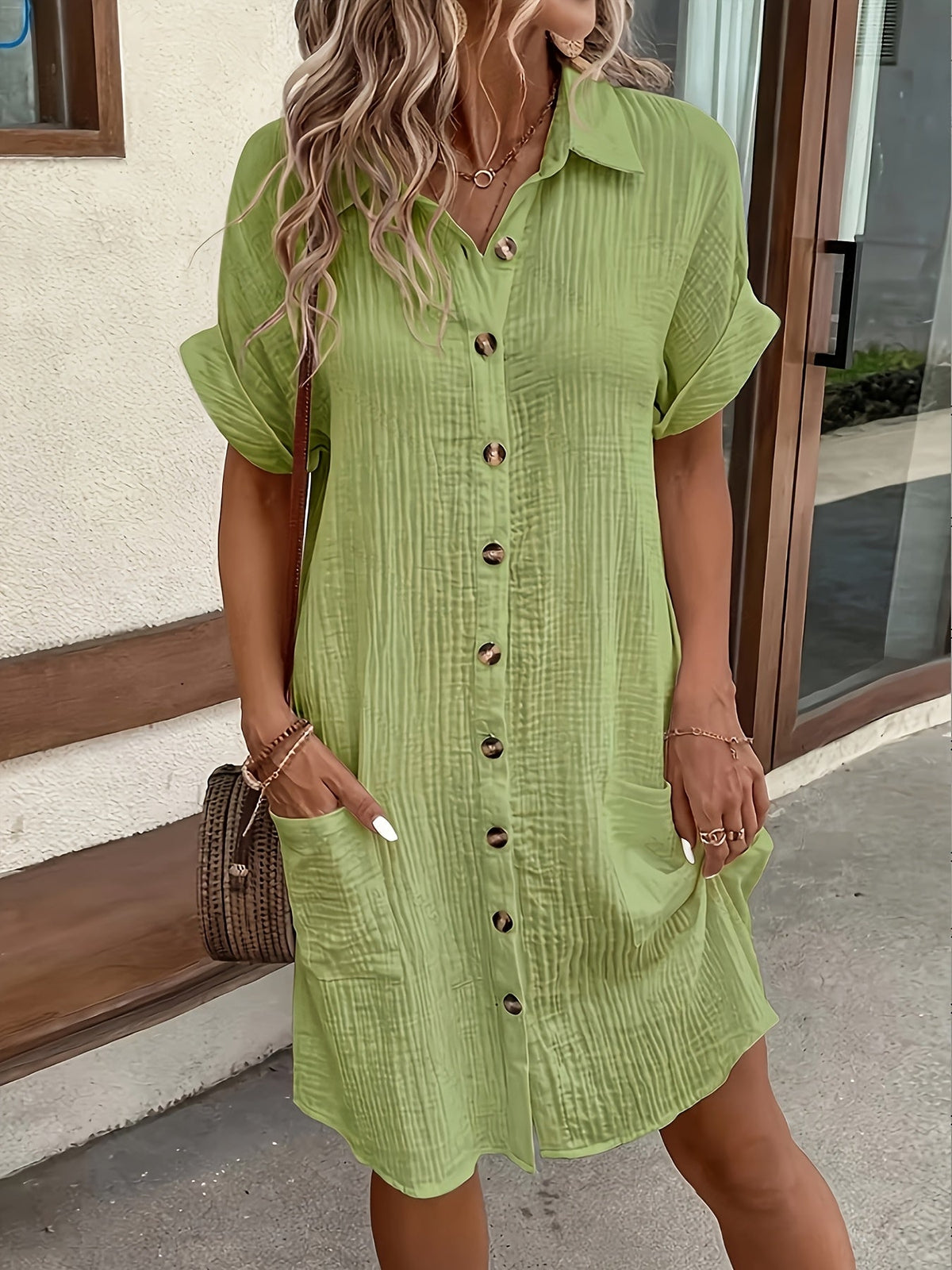 Women's Solid Color Button-Down Shirt Dress – Breathable Lapel Retro Casual Tunic Dress for All Seasons Everyday Wear