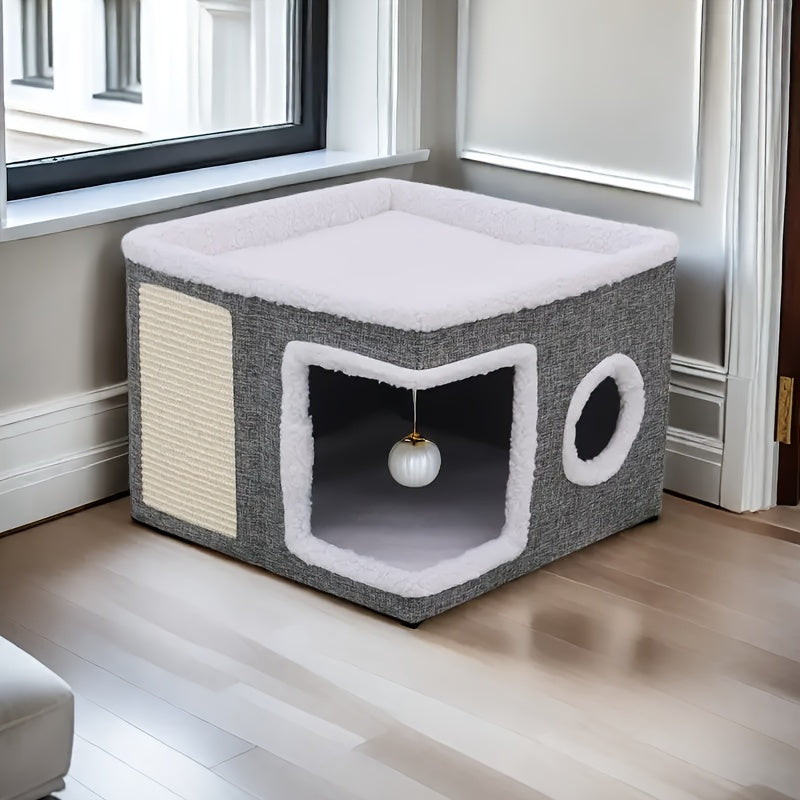Foldable Multi-Layer Cat House with 2-Tier Bed Toy Tunnel Scratching Post Plush Hanging Ball and Cozy Mat Indoor Cat Cube Enclosure Nylon Frame Canvas All-Season Cat Furniture