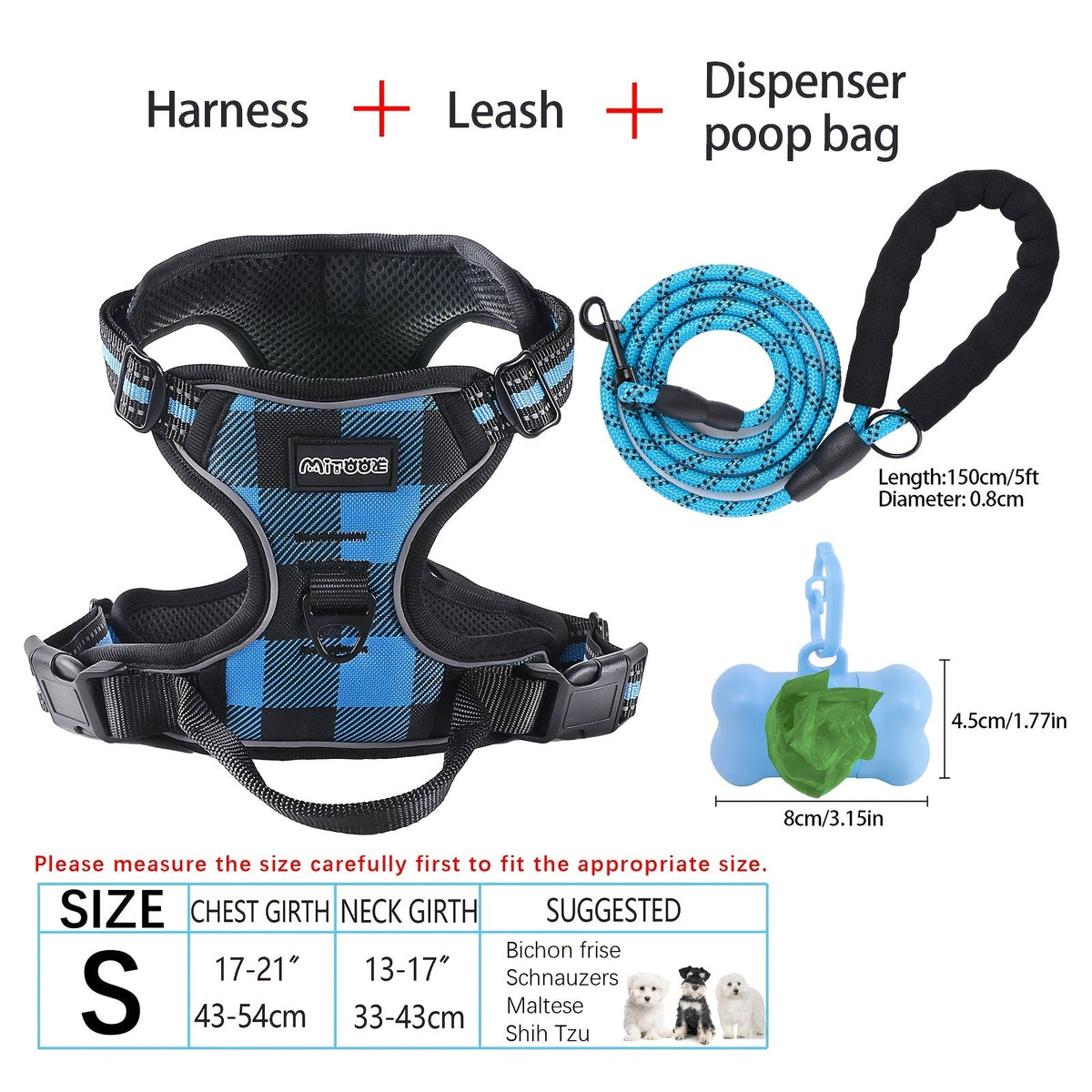 4-Piece Dog Harness and Leash Set No-Pull No-Choke Reflective Oxford Vest Harness with Leash Poop Bag Dispenser Easy Control Handle for Medium Large Dogs Outdoor Training Walking