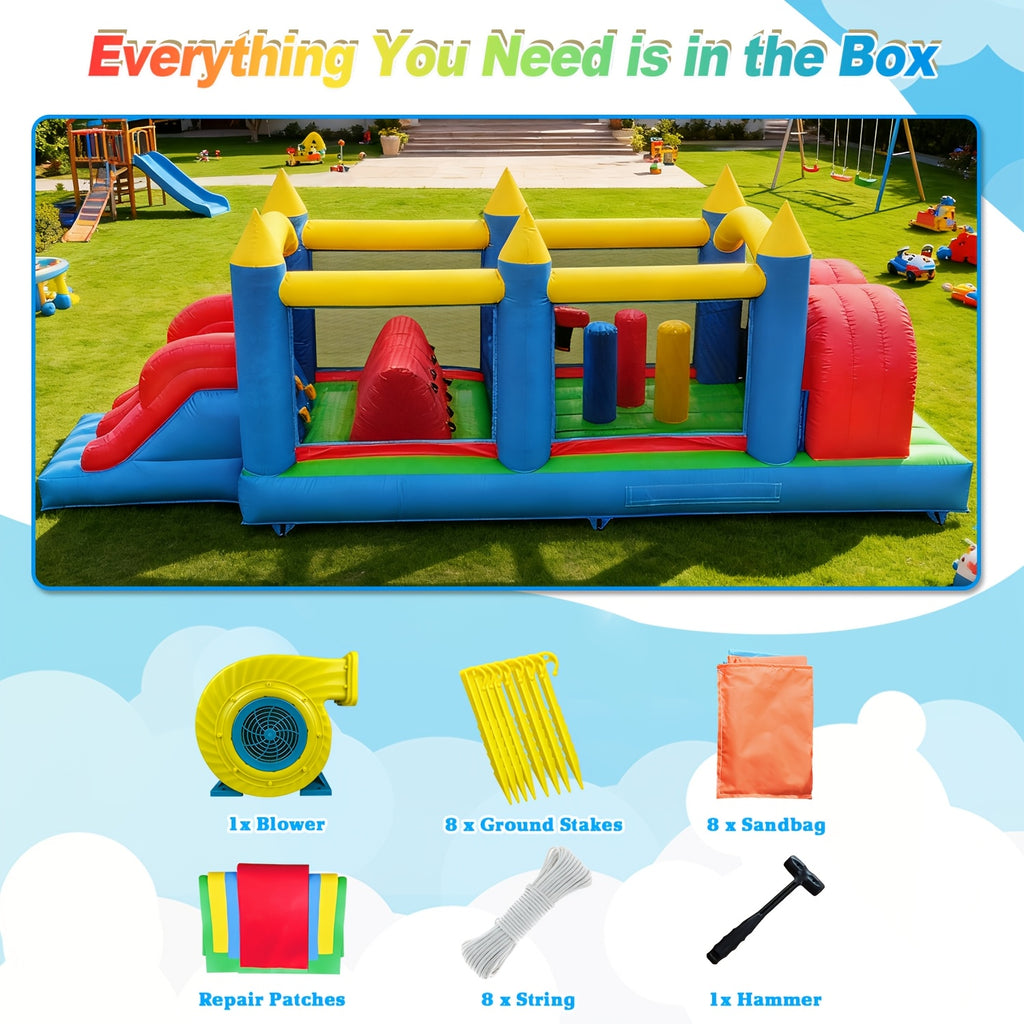 24FT Inflatable Obstacle Course with Dual Slides & High-Speed Blower, Commercial Grade 0.45mm PVC Backyard Obstacle Course 24x8x8FT for Kids & Adults, Quick Setup Summer Party Fun Outdoor Inflatable