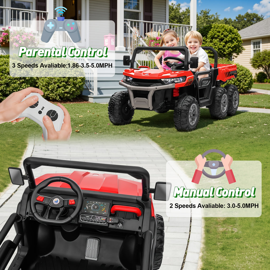 24V Kids Ride-On UTV with Remote Control, Dual Drive Mode, 3 Speed Settings, Bluetooth Music, 4 LED Lights, Suspension System & Flower Décor – Outdoor Ride-On Car for Boys & Girls Ages 3+ – Red Green Pink
