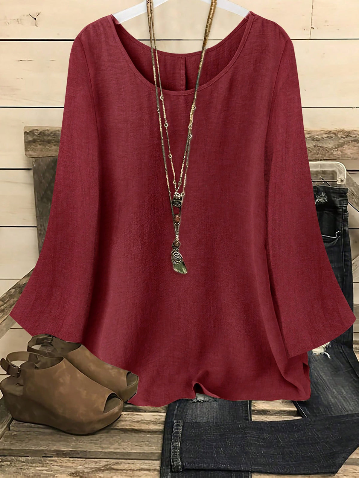 Women's Flared Long Sleeve Crew Neck Solid Shirt Casual Western Blouse Top S-XXL Multiple Colors