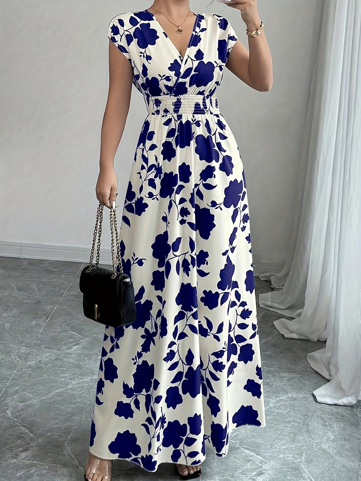 Women's Pink Floral Maxi Dress - V-Neck Short Sleeve Cinched Waist A-Line | Elegant Casual Formal Spring Fall Flowing Dress New Arrival
