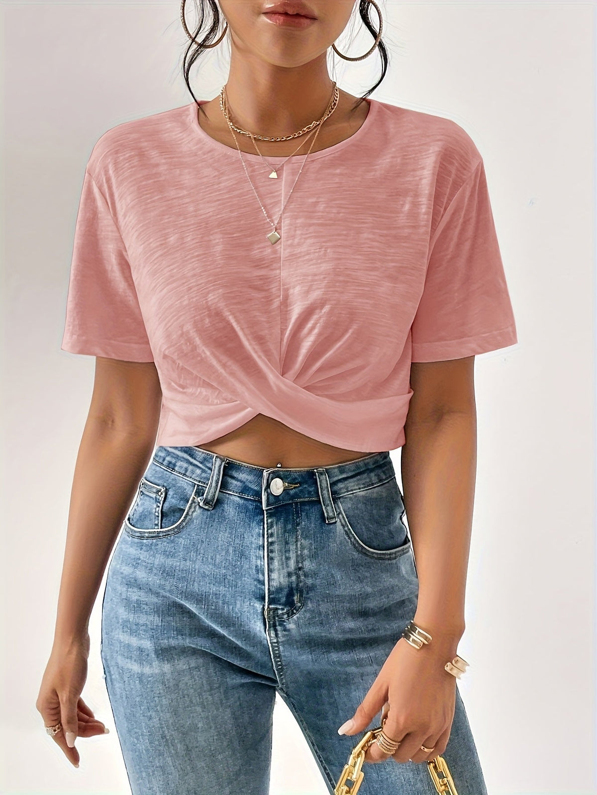 Women's Twist Front Crop Top Short Sleeve T-Shirt Solid Color Casual Summer Tops Cute Streetwear XS-XXL 8 Colors