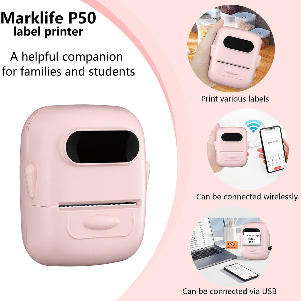 Wireless Thermal Label Maker – No Ink Required, Multiple Templates, Bluetooth Label Printer for Storage Organization Home Office School Supplies, Pink White Blue