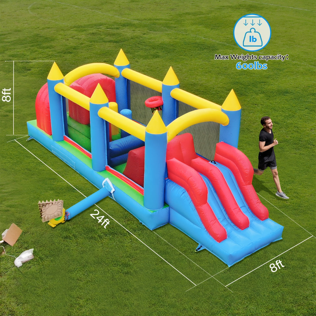 24FT Inflatable Obstacle Course with Dual Slides & High-Speed Blower, Commercial Grade 0.45mm PVC Backyard Obstacle Course 24x8x8FT for Kids & Adults, Quick Setup Summer Party Fun Outdoor Inflatable