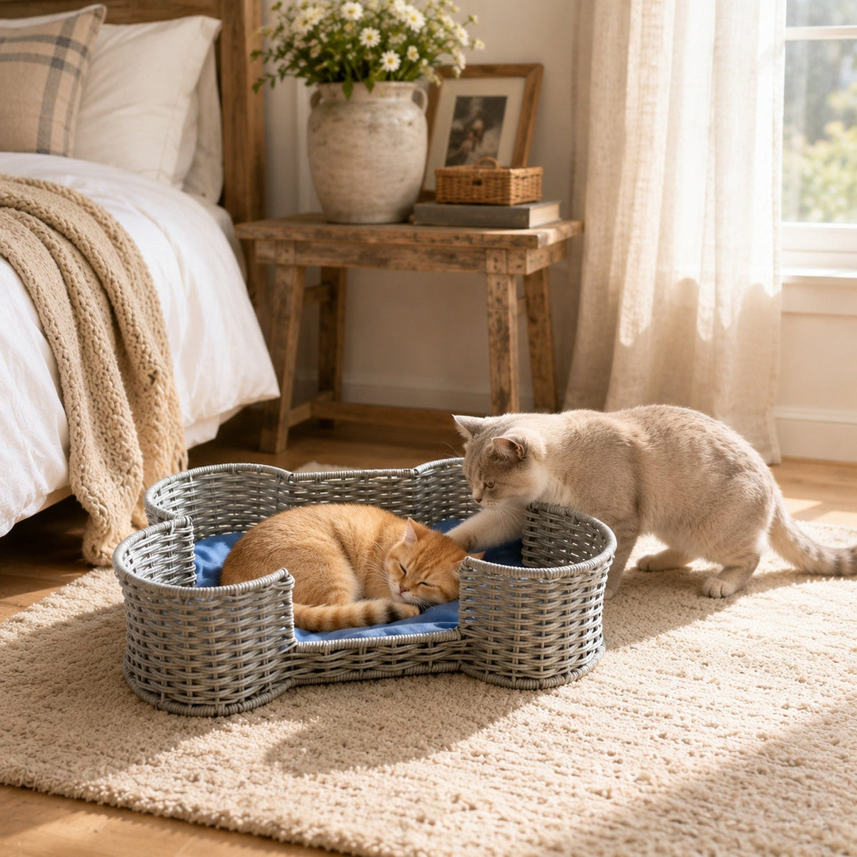 Bone Shaped Dog Toy Storage Basket – Hand Woven Faux Rattan Pet Toy Organizer Bin for Cat & Dog Toys, Leashes & Accessories, Farmhouse Home Decor Style