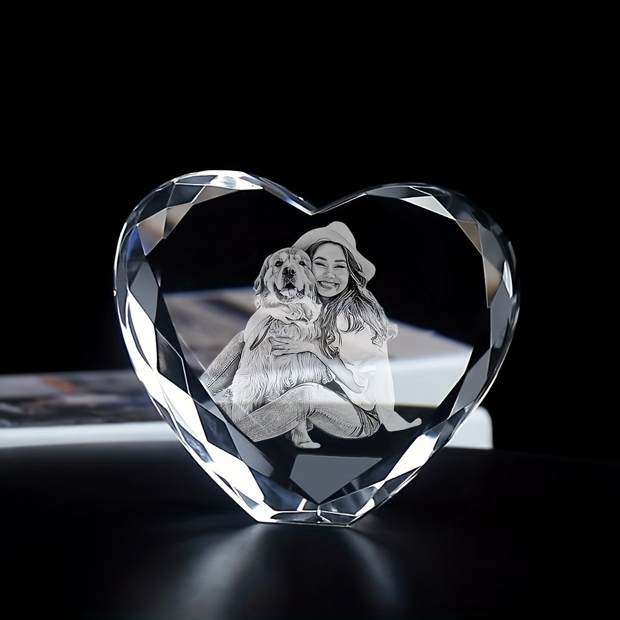 Custom Laser-Engraved Heart-Shaped Glass Photo Portrait – Personalized Pet Memorial & People Keepsake, Birthday Graduation Gift, European Style Transparent Crystal Ornament with Your Own Picture