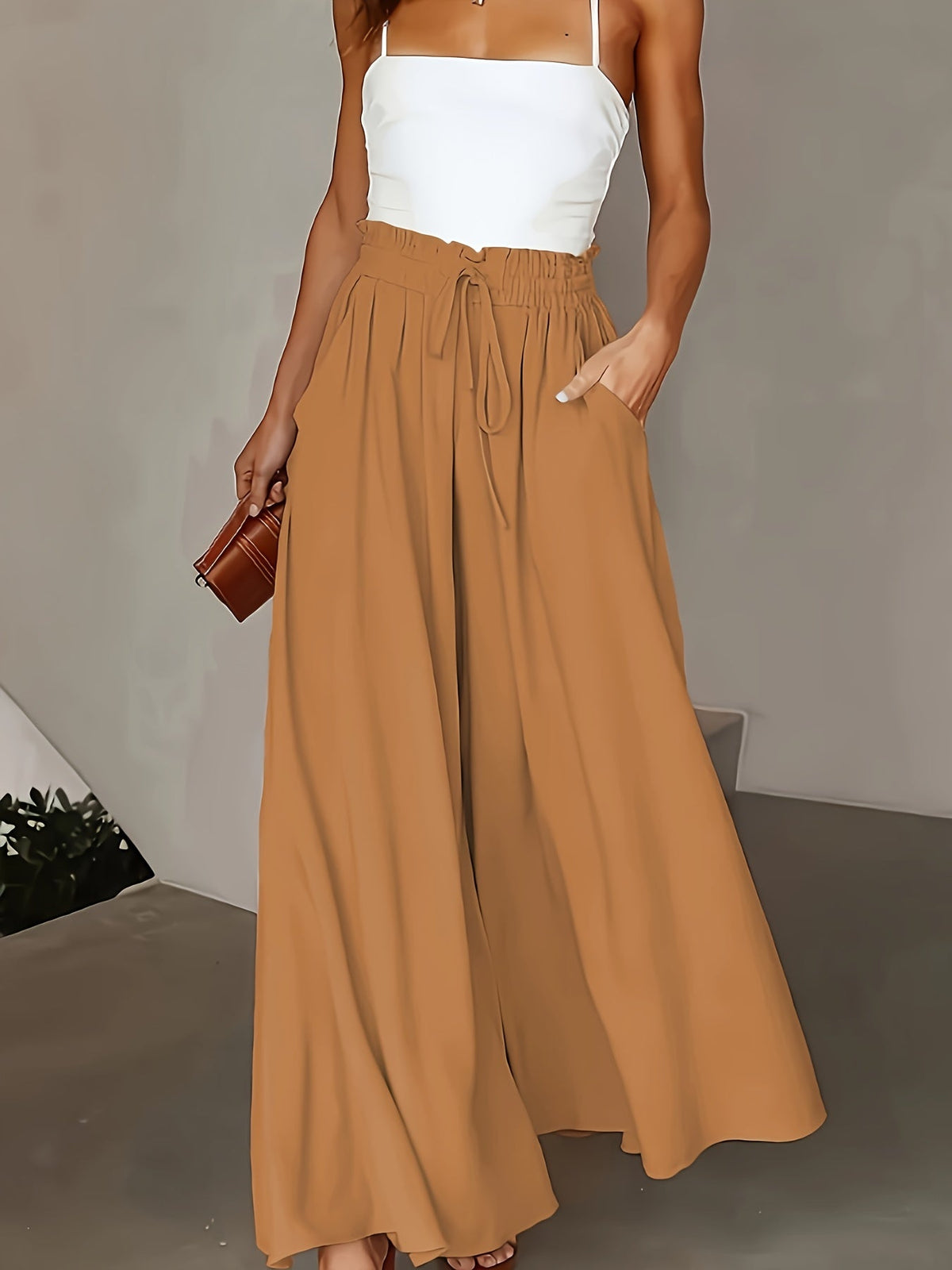 Women's High-Waist Wide-Leg Pants – Elegant Loose Fit Solid Color Flowy Trousers with Pockets for Spring Summer Office Casual