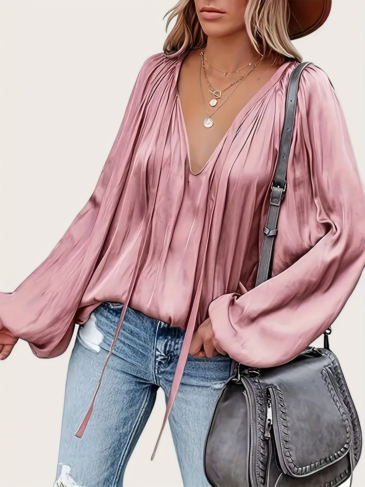 Women's Tie Neck Lantern Sleeve Blouse - Solid Color Ruched Loose Fit Casual Long Sleeve Top for Spring Fall | Comfortable Everyday Wear S-XXL