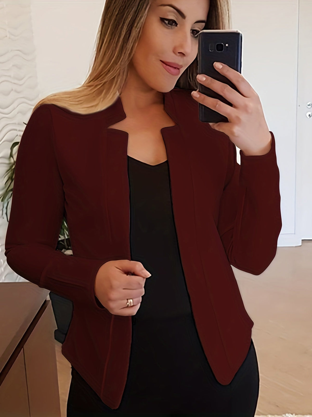 Women's Open Front Blazer Jacket – Loose Fit Notch Lapel Long Sleeve Knit Stretch Casual Chic Blazer with Chest Pocket for Work Office