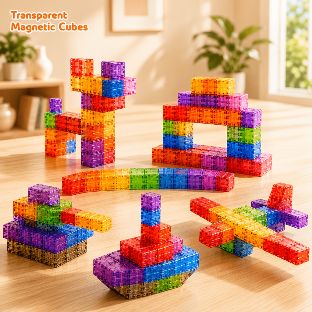 Magnetic Building Blocks 100 Pieces - Transparent Colorful Magnetic Cubes STEM Construction Toy, Creative Stacking Shape Tiles for Kids, Educational Gift for Boys & Girls, Birthday Christmas Halloween