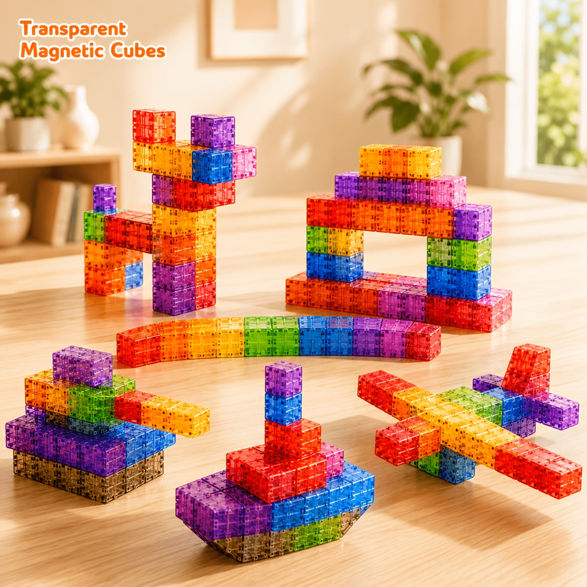 Magnetic Building Blocks 100 Pieces - Transparent Colorful Magnetic Cubes STEM Construction Toy, Creative Stacking Shape Tiles for Kids, Educational Gift for Boys & Girls, Birthday Christmas Halloween