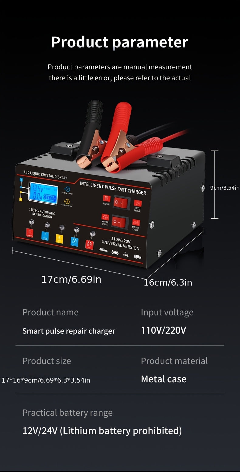 Smart Universal Battery Charger 12V 24V with LCD Screen Pulse Repair Trickle Maintainer for Car Truck Motorcycle Boat Lawn Mower Harvester – Automatic Temperature Regulation