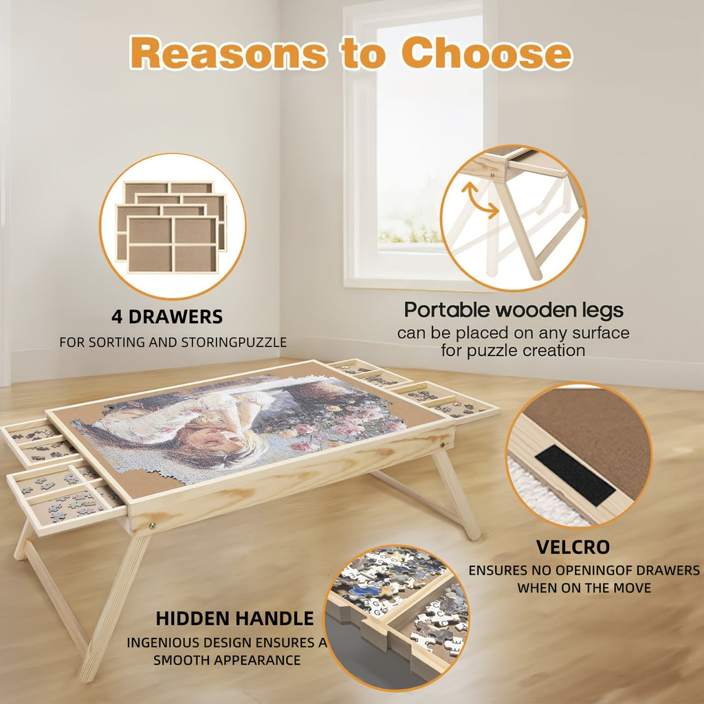 Wooden Jigsaw Puzzle Table with Folding Legs - 4 Drawers & 16 Sorting Grids, Portable Puzzle Board for 1000 Piece Puzzles, Natural Wood Storage & Organization Tray for Adults & Kids, Home & School